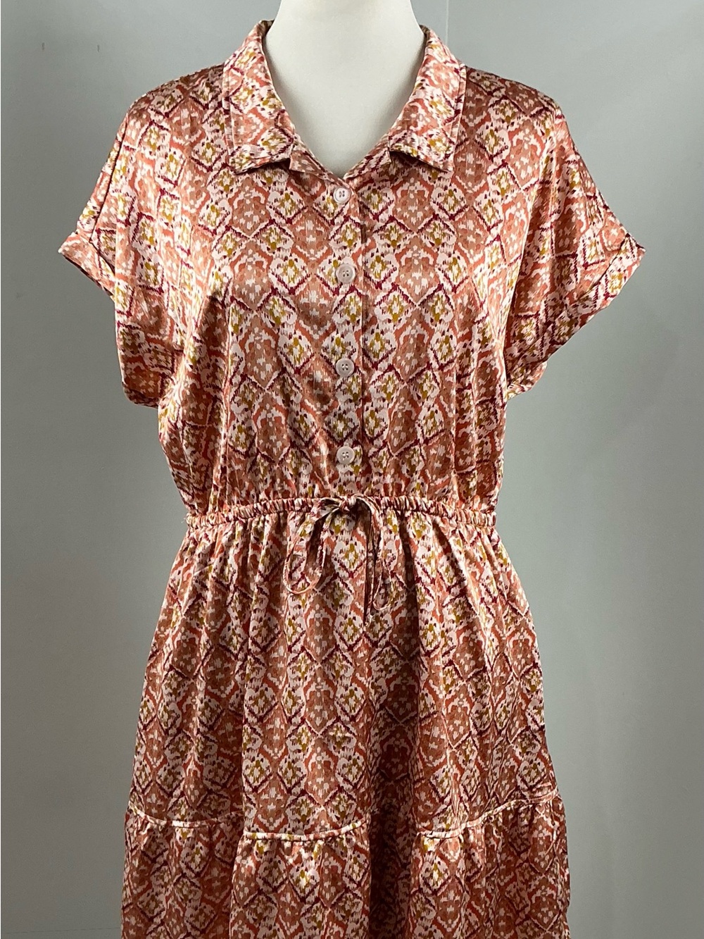 Lucky Brand Coral Geometric Print Shirt Dress Tie Waist Size Large
